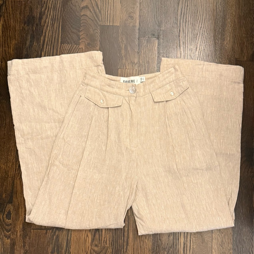 Anthropologie Sovere Cream Light Beige Wide-Leg Linen Pants XS